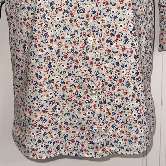 Vintage 60s Shapely Tan Floral Print Collarless Short Sleeve Cotton Shirt - Picture 3 of 8